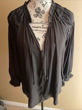 Relaxed Charcoal Gray Peasant Blouse with Ruffle Yoke